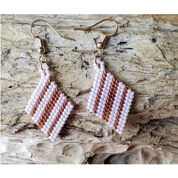 Handcrafted Geometric Diamond Shaped Beaded Earrings White and Rose Gold colored - Picture 2 of 2